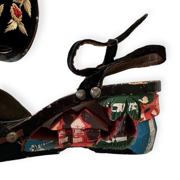 Vintage Filipino Hand Painted Wooden Wedge Sandals – 1940s bakya-inspired sandal - Picture 8 of 14